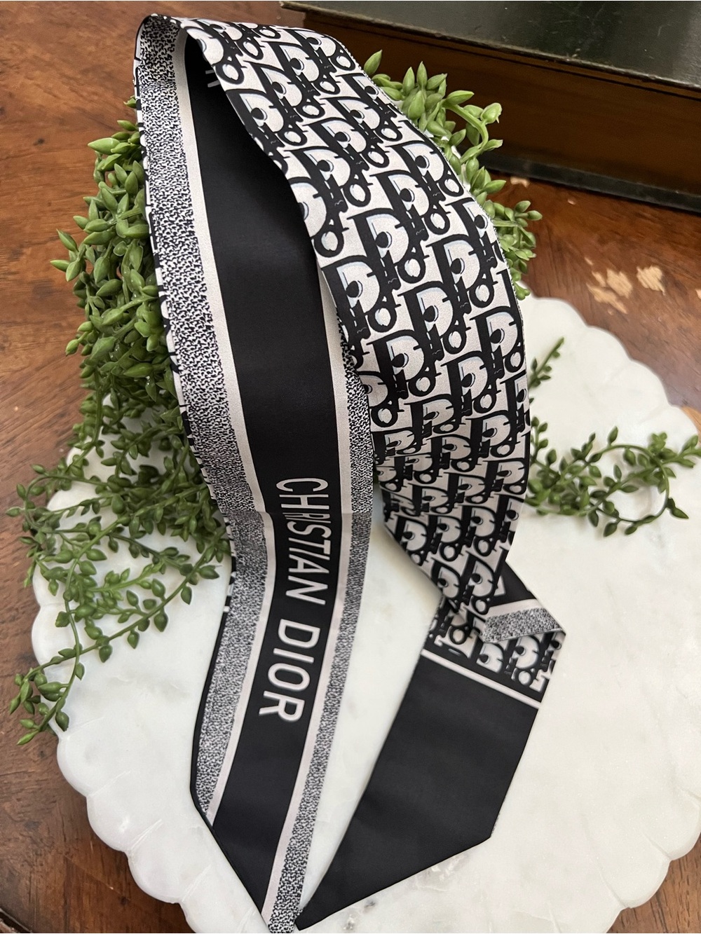 Christian Dior Black & White Logo Silk Hair Scarf